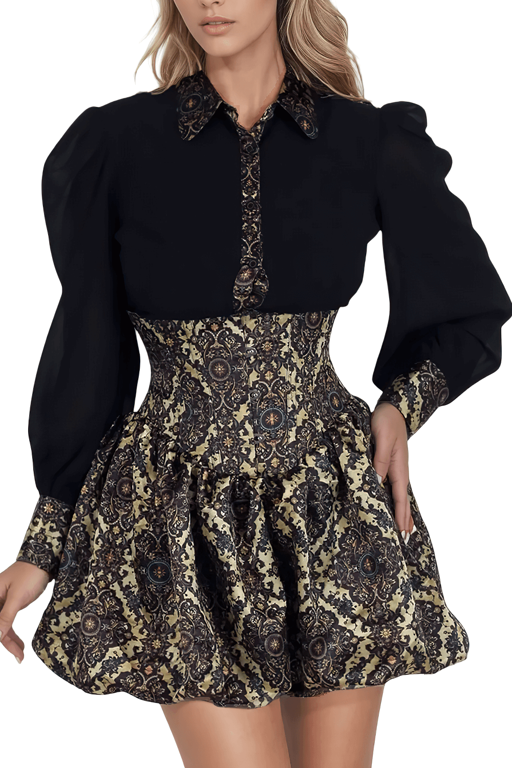 Baroque Print Gothic Corset Dress with Bubble Skirt - image 3