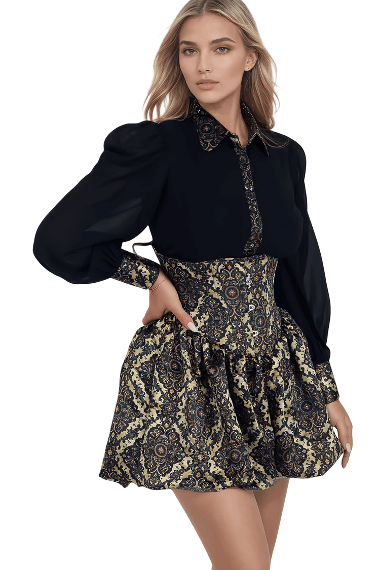 Baroque Print Gothic Corset Dress with Bubble Skirt - image 1