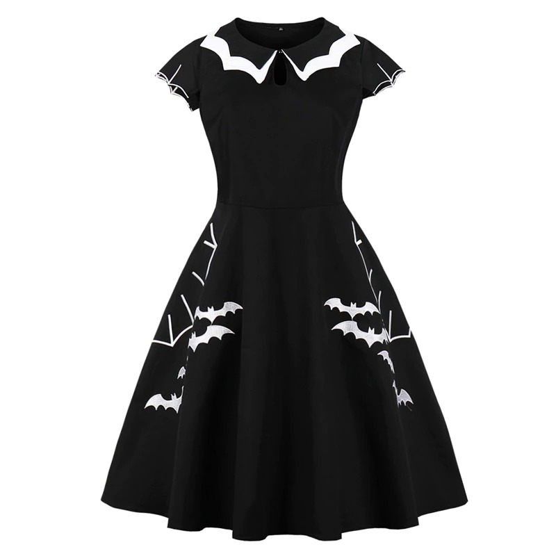 Bat Embroidery Women's Dress / Gothic Black A-Line Dress / Halloween Costumes - image 1