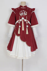 Red Round Collar Long Sleeves High Waisted Rabbits Embroidery Sweet Hanfu Dress Full Set - Product - 6