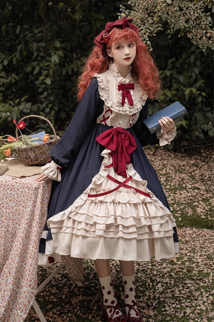 Blue Round Collar Bowknot Long Sleeves Multi-Layer Ruffled Sweet Lolita OP Dress (Plus Size Version) - Blue - 1