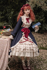 Blue Round Collar Bowknot Long Sleeves Multi-Layer Ruffled Sweet Lolita OP Dress - Blue - 1
