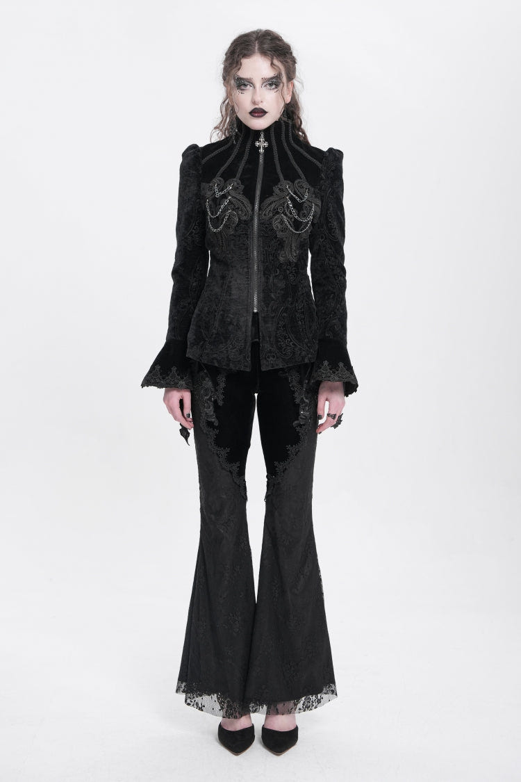 Black Stand Collar Long Trumpet Sleeves Embroidery Women's Gothic Jacket - Product - 2