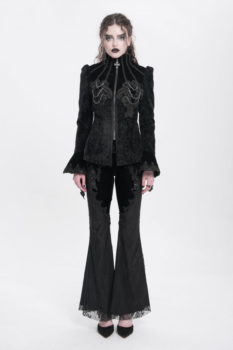 Black Stand Collar Long Trumpet Sleeves Embroidery Women's Gothic Jacket - Product - 2