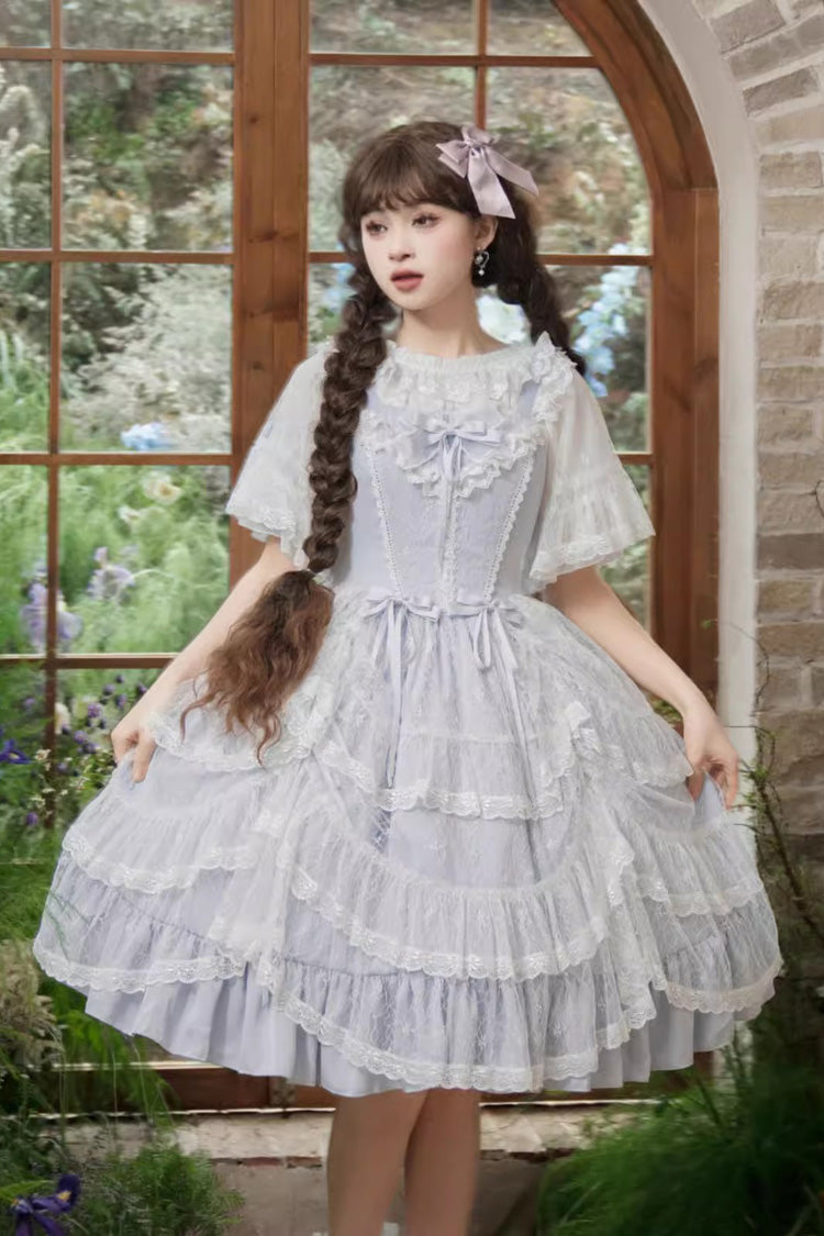 Blue Iris Love Multi-layer Jacquard Bowknot Sweet Elegant Princess Lolita Jsk Dress - Product - 4