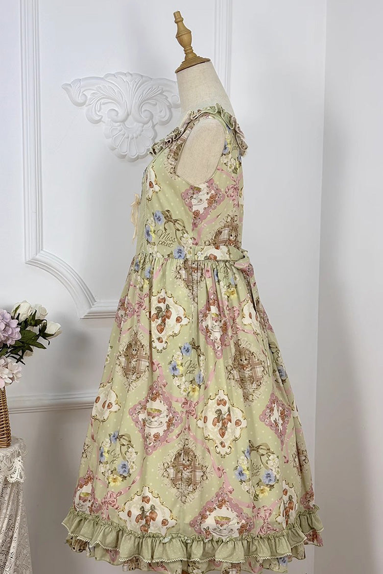 Green [Cat Rose Tea] Sleeveless Print Ruffle Bowknot Sweet Lolita Jsk Dress - Product - 9