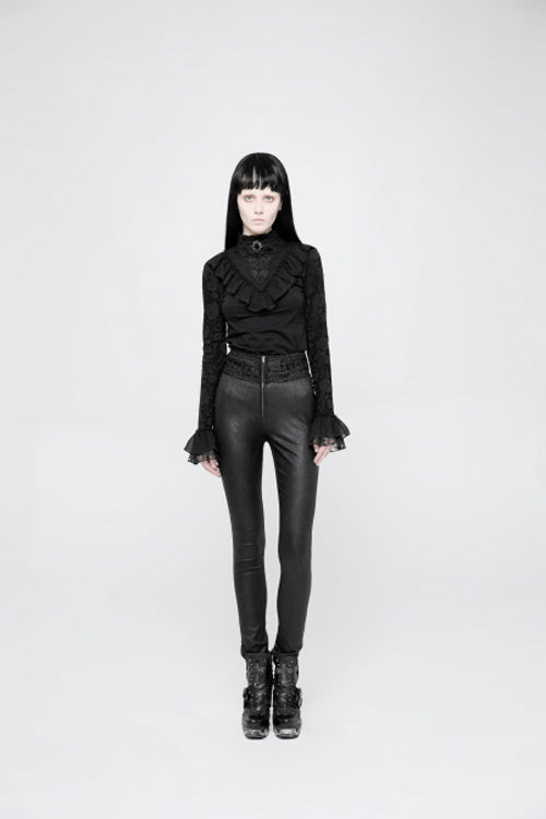 Black High Waist Flower Weaves The Ribbon Decoration Lace Up Gothic Jacquard Women's Pants - Product - 4