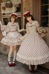 Apricot [Lollipop] Cotton Round Collar Long Lantern Sleeves Polka Dot Printed Ruffled Bow Lace Sweet Elegant Lolita Dress 2 Versions - Product - 5
