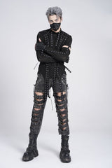 Black Long Sleeves Strap Lace-Up Irregular Mesh Men's Gothic T-Shirt - Product - 11