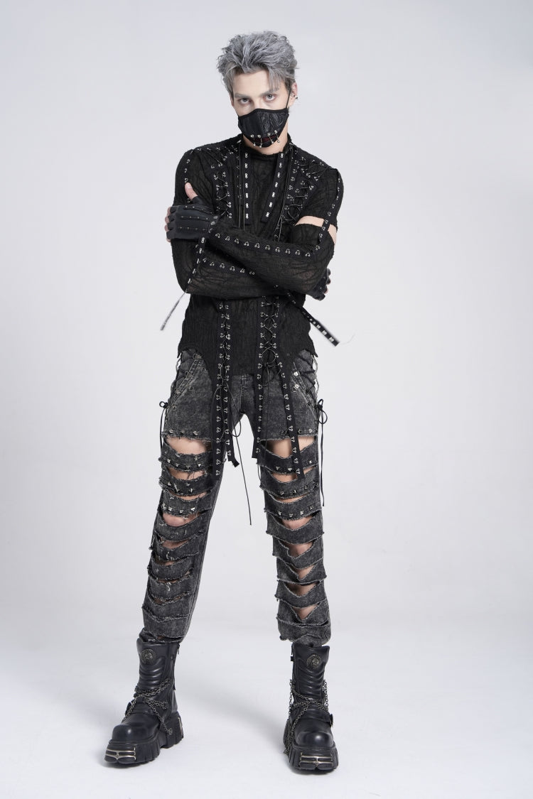 Black Long Sleeves Strap Lace-Up Irregular Mesh Men's Gothic T-Shirt - Product - 11