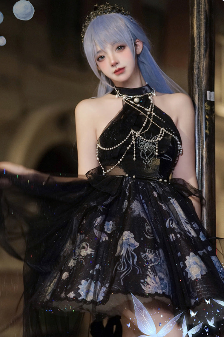 Blue [Deep Sea Jellyfish] Halterneck Sleeveless Print Embroidery Bowknot Lace Sweet Elegant Lolita Jsk Dress - Product - 4