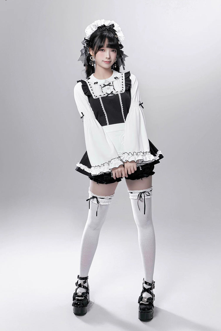 Black/White [Showcase Doll] Japanese Maid-Style Long Sleeves Ruffle Bowknot Jirai Kei Japanese Dress Shorts Set with Detachable Apron - Product - 2