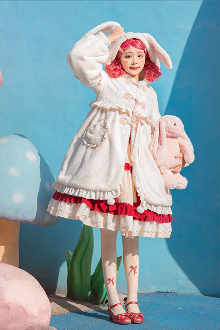 Ivory Long Ears Rabbit Ruffle Bowknot Hooded Daily Sweet Lolita Coat - Product - 2
