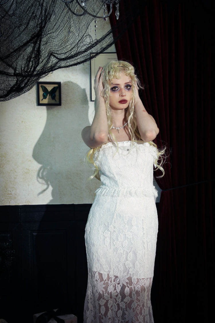 White Sleeveless Pleated Lace Women's Gothic Slip Dress Wedding Dress - Product - 10