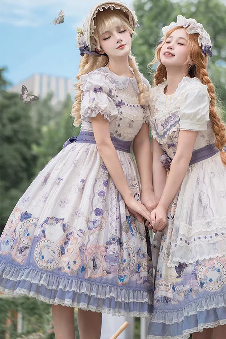 Purple [Red Hare Tea Party] Lapel Collar Long Sleeves Printed Ruffled Lace Chiffon Sweet Elegant Lolita Dress - Product - 5