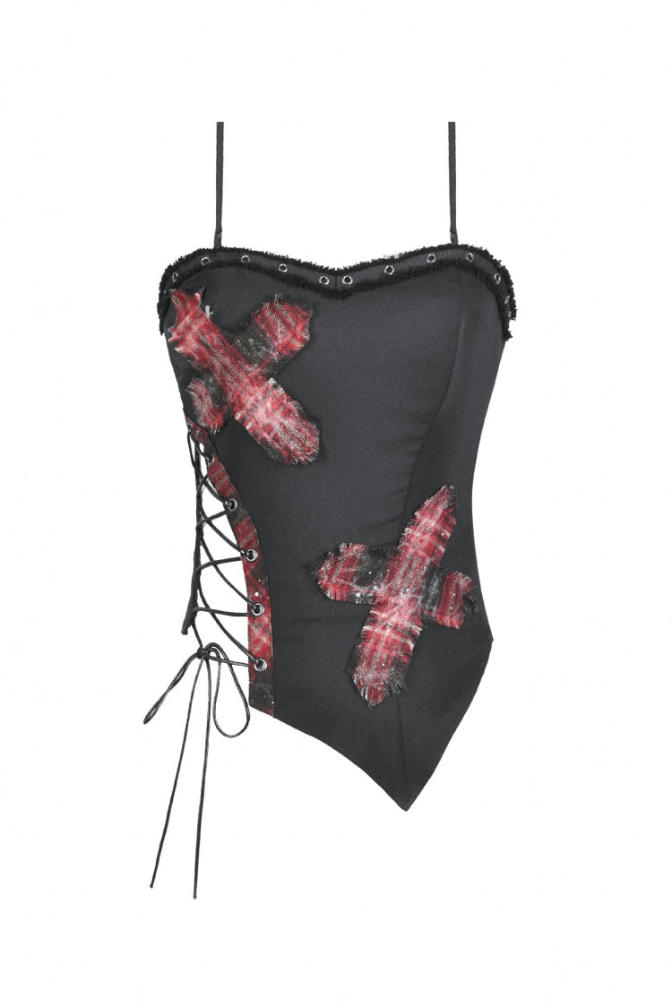 Black Strap Off Shoulder Asymmetric Side Lace-Up Eyelet Women's Punk Plaid Cross Bustier - Product - 3