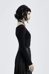Black Round Collar Long Sleeve Front Metal Square Eyelets Decoration Short Tight Women's Punk T-Shirt - Product - 2