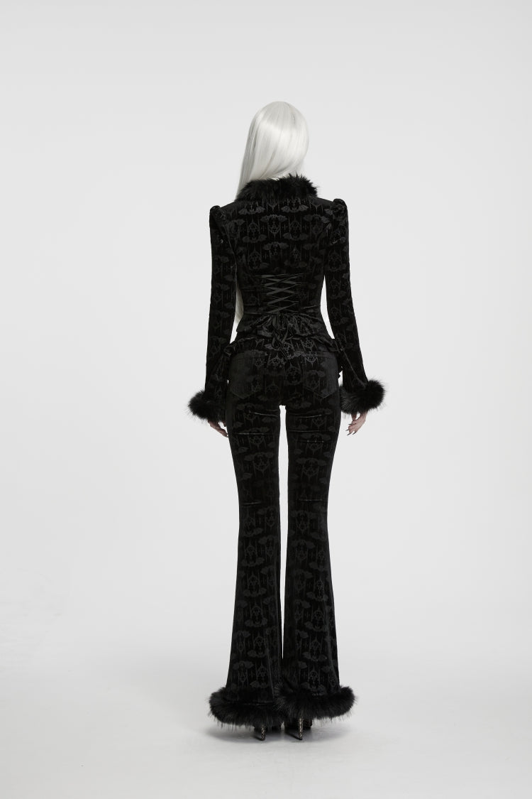 Black Jacquard Ruffled Slim Fit Women's Gothic Flare Pants - Product - 3