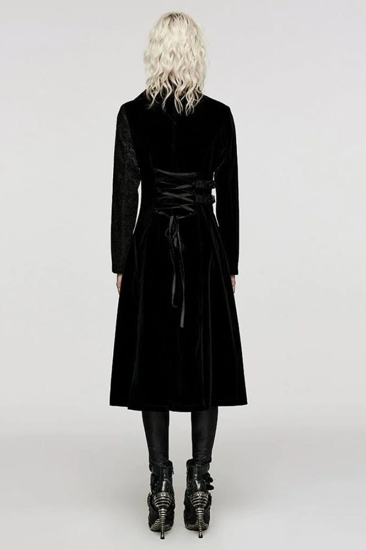 Black Stand Collar Jacquard Print Stitching Womens Gothic Coat - Product - 4