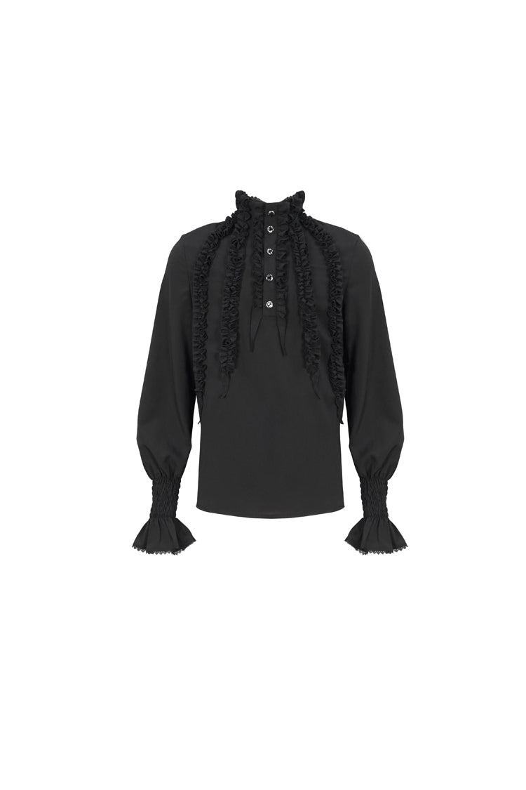 Black Irregular Stand Collar Puff Sleeved Ruffled Men's Gothic Shirt - Product - 5