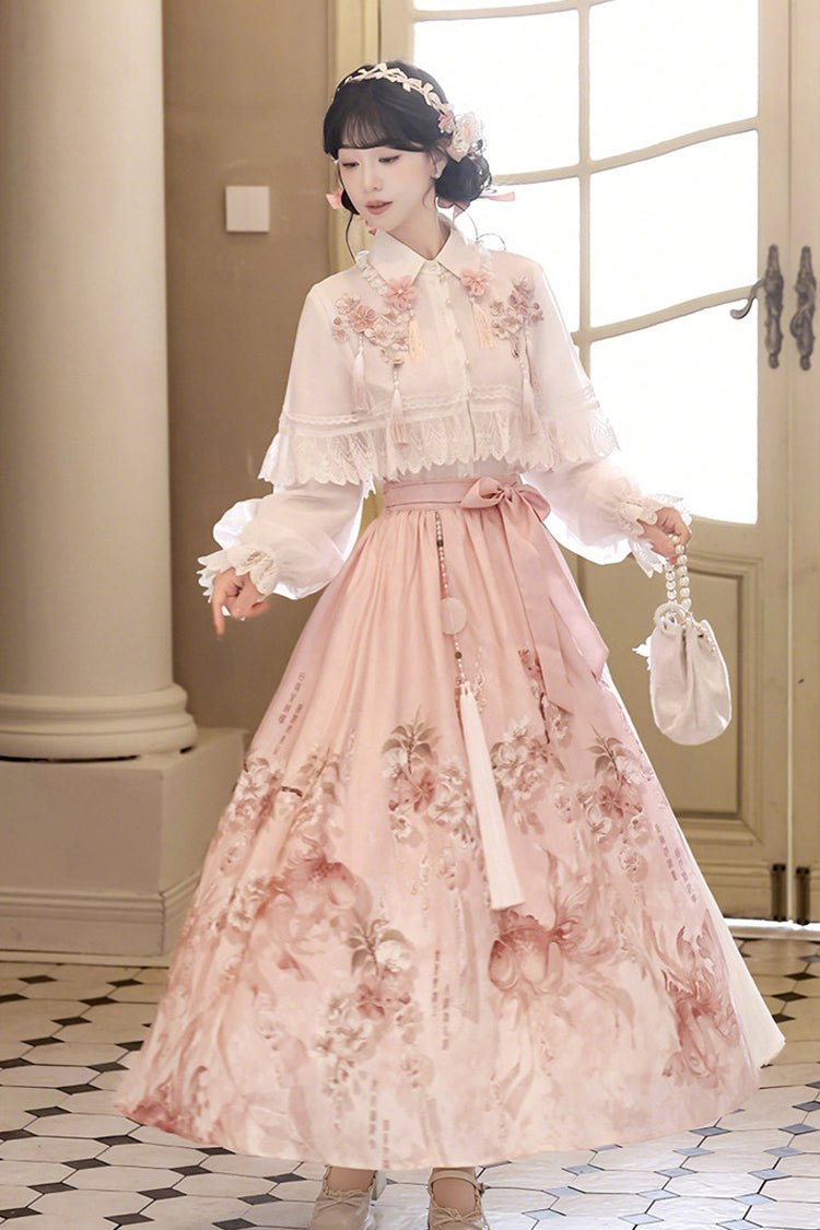 White/Pink [Cherry Blossom Rain] Lapel Collar Long Sleeves High Waisted Printed Women's Sweet Hanfu Dress Set - White/Pink - 1