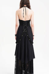 Black Halterneck Hollow Lace Women's Gothic Strap Maxi Dress - Product - 7