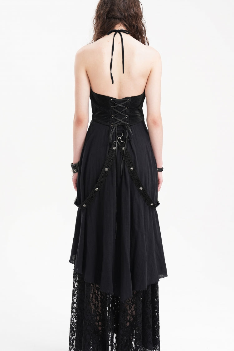 Black Halterneck Hollow Lace Women's Gothic Strap Maxi Dress - Product - 7