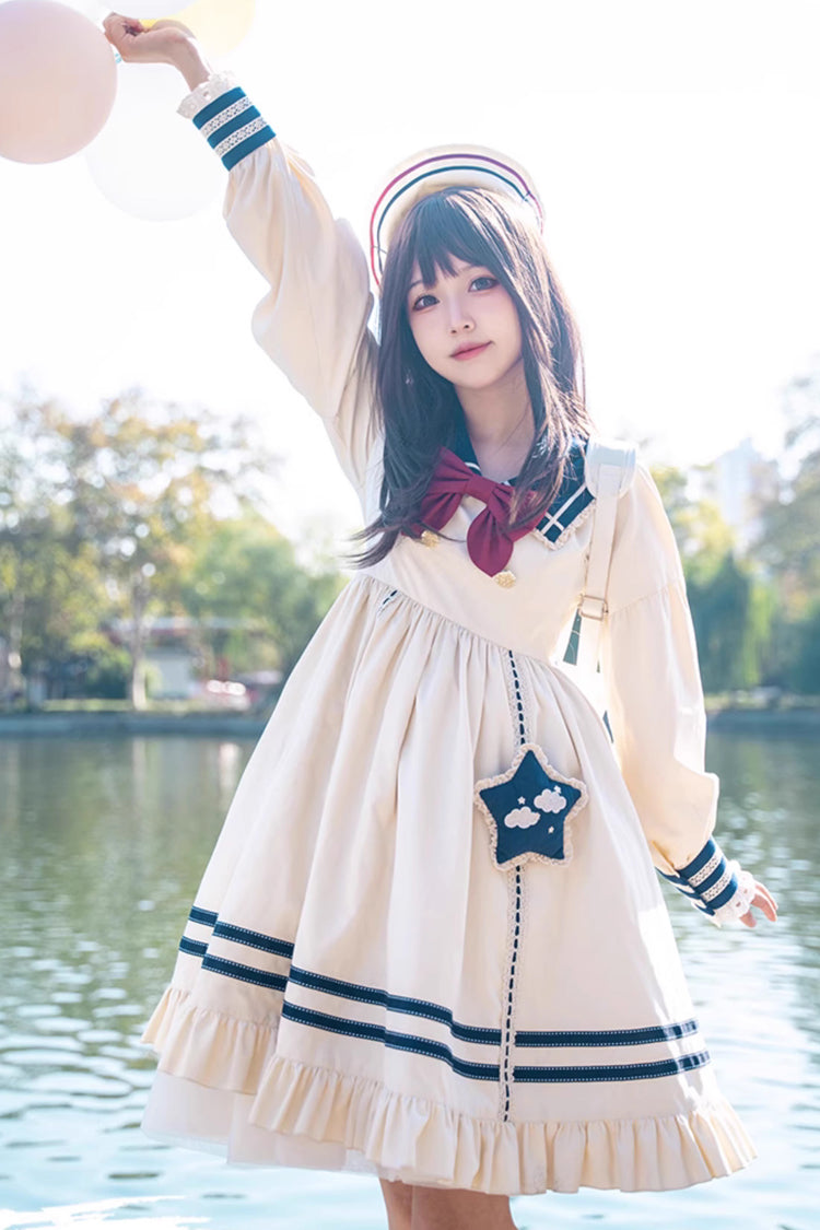 College Navy Style Bowknot Ruffle Long Sleeves Sweet Lolita Dress - Product - 6