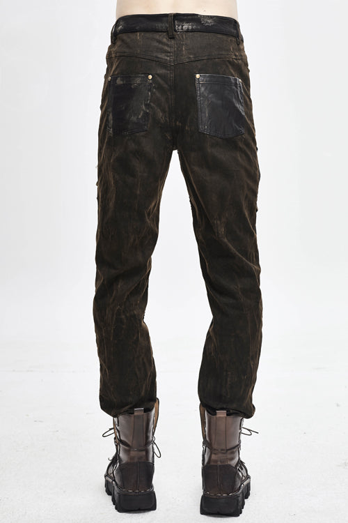 Brown Metallic Spiked Ragged Punk Slim Mens Pants - Product - 3