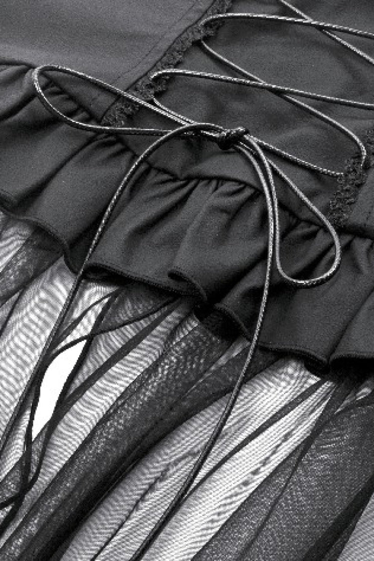 Black High Waisted Lace-Up High/low Mesh Women's Punk Skirt - Product - 17