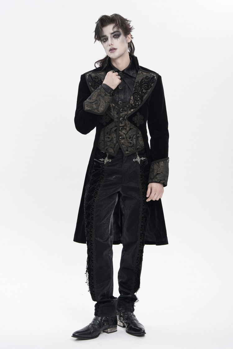 Black Printed Embroidered Spliced Lace-Up Men's Gothic Pants - Product - 11