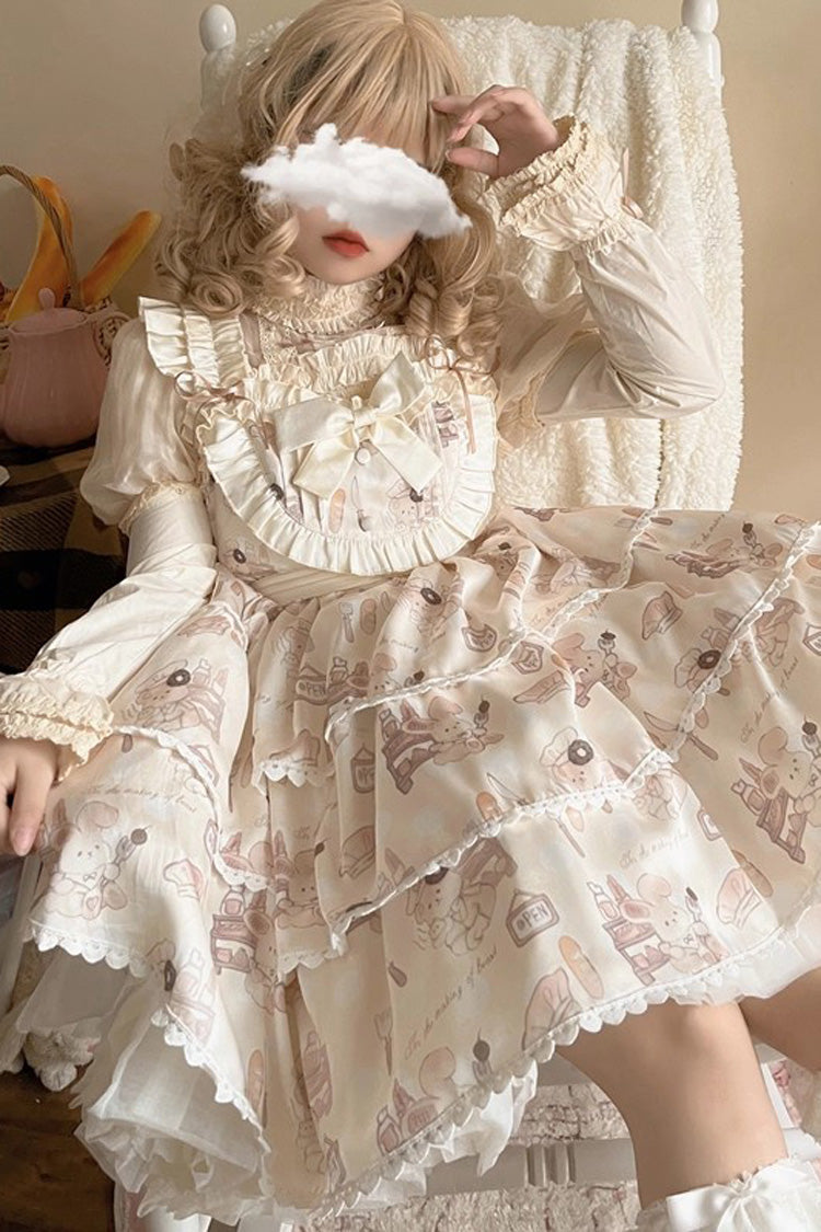 Beige Sleeveless Triple-Layered Print Ruffle Bowknot Sweet Plus Size Lolita Jsk Dress - Product - 5