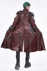 Red Stand Collar Multi Buckle Faux Long Leather Men's Punk Coat - Product - 6