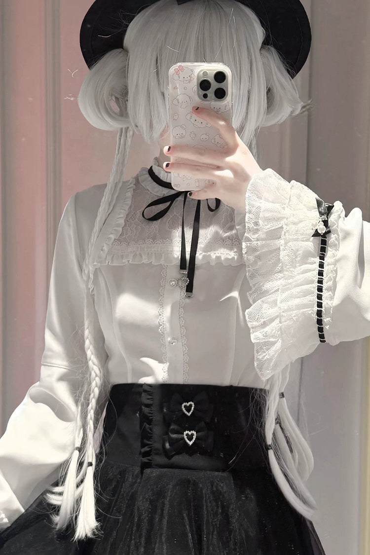 Black/White [Moonlit Butterfly] Lapel Collar Long Trumpet Sleeves Ruffled Bow Lace Jirai Kei Japanese Skirt Set - Top(Only) - 6