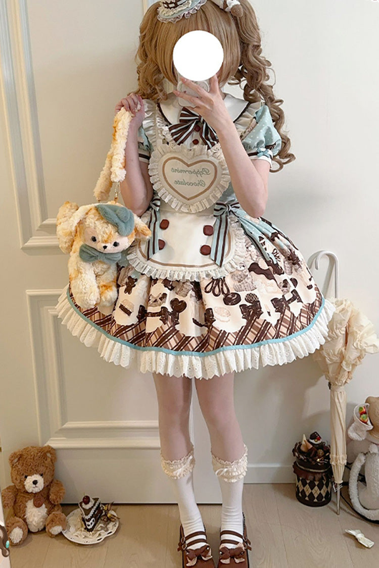 Brown [Peppermint Chocolate] Chocolate Cake Bear Print Ruffle Bowknot Lace-Up Sweet Lolita Dress - Product - 4