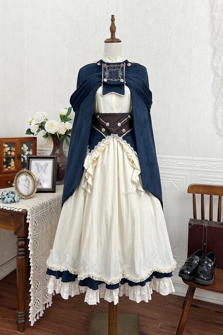 Beige [Morning Mist Coast] Stand Collar Long Sleeves Ruffle Embroidery Vintage Elegant Lolita Skirt Dress Set - Beige - 1