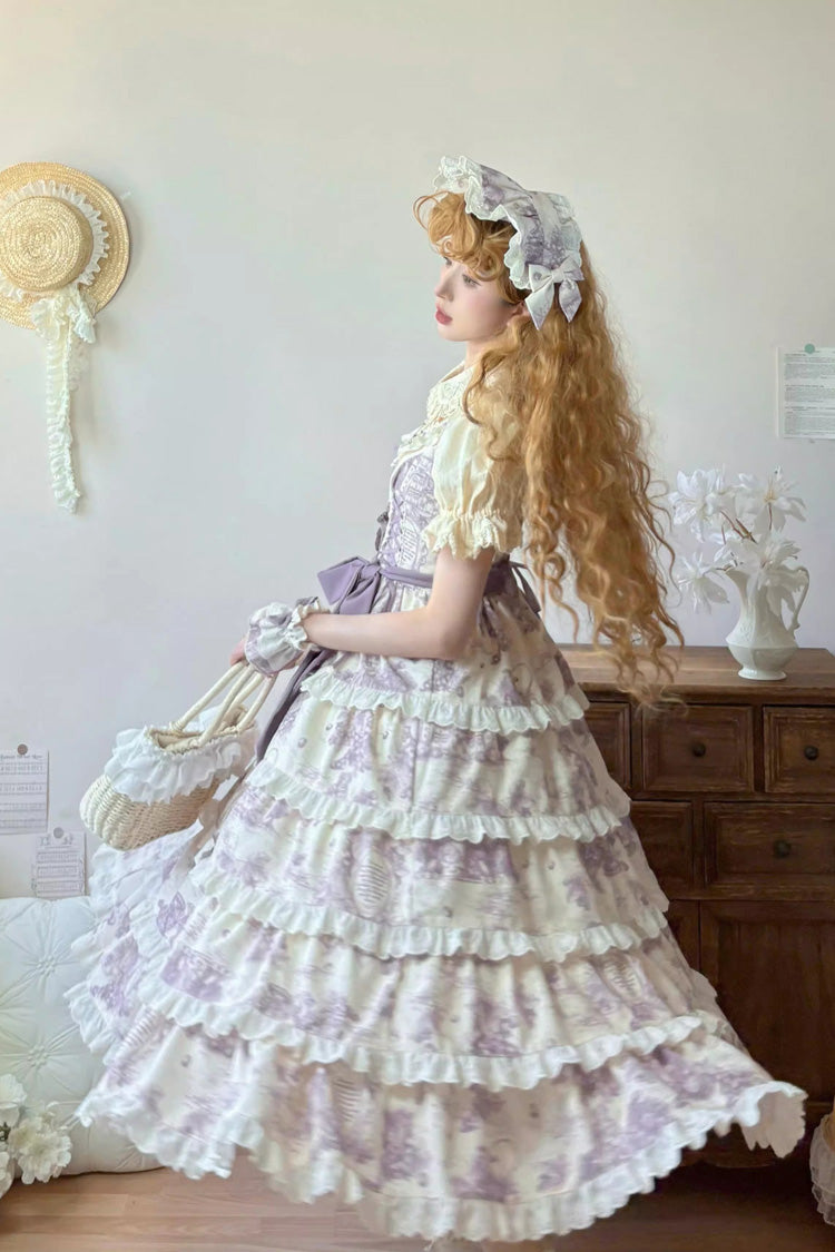 Purple [Grape Moon Almanac] Sleeveless Multi-Layered Printed Ruffled Bow Adjustable-Length Sweet Lolita Jsk Dress - Product - 7