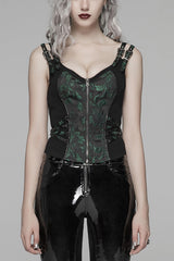 Steampunk Sleeveless Jacquard Print Metal Buckle Strap Metal Zipper Hollow Lace-Up Women's Vest 4 Colors - Black/Green - 9