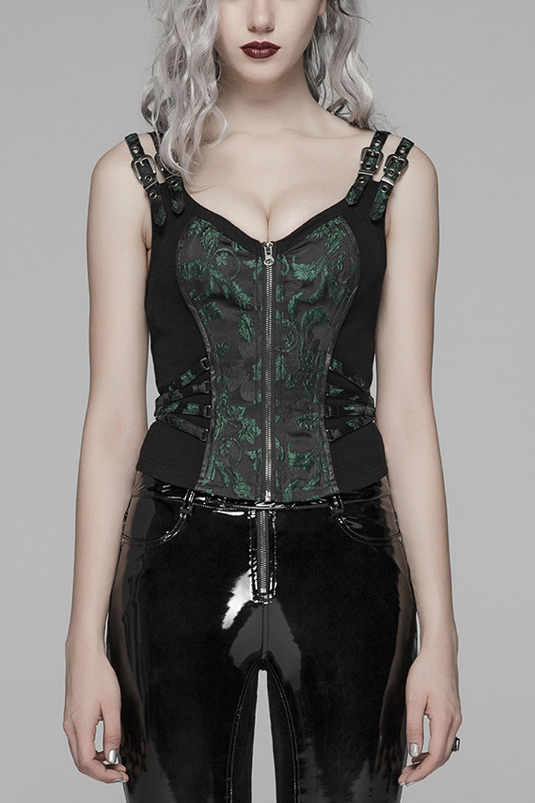 Steampunk Sleeveless Jacquard Print Metal Buckle Strap Metal Zipper Hollow Lace-Up Women's Vest 4 Colors - Black/Green - 9