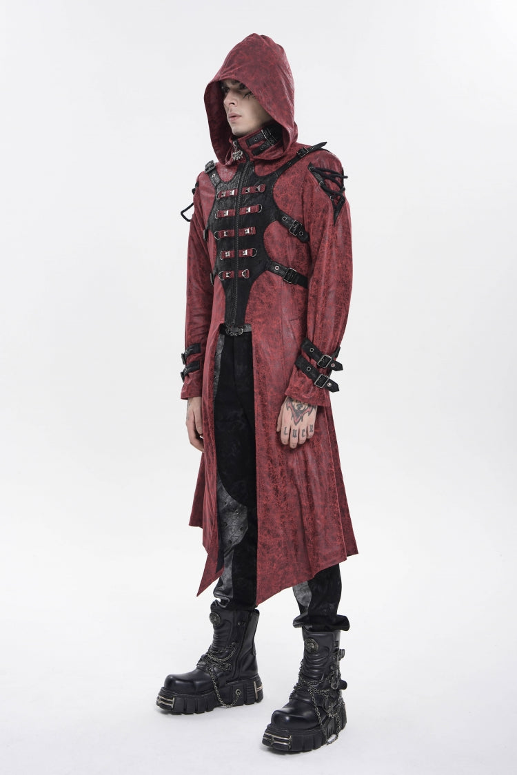 Red Stand Collar Long Sleeves Printed Spliced Studded Buckled Zippered Eyelet Men's Punk Cool Hooded Jacket - Product - 2