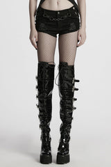 Black Studded Ripped Straps Women's Punk Shorts - Black - 1