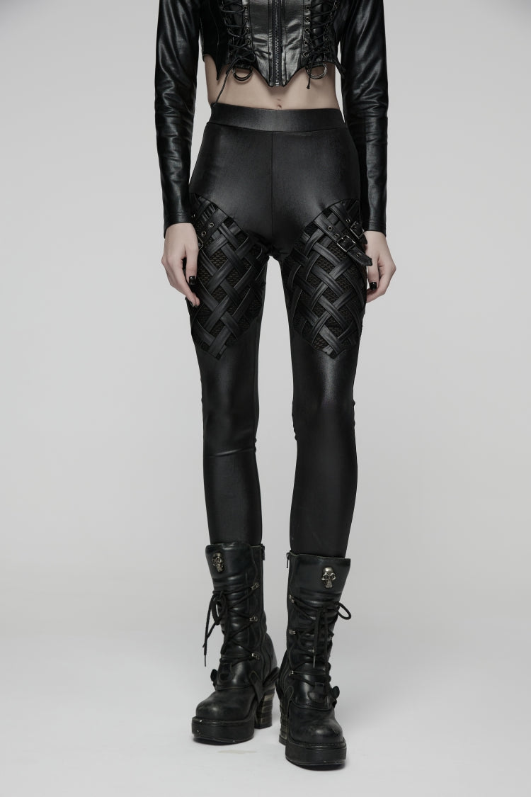 Black Slim Buckled Women's Punk Braided Strap Buckle Leggings - Black - 1