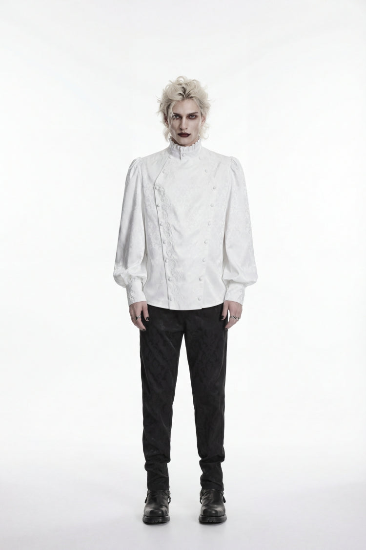 White Stand Collar Long Lantern Sleeves Jacquard Embroidered  Men's Gothic Palace Shirt with Detachable Tie - Product - 2