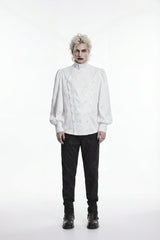 White Stand Collar Long Lantern Sleeves Jacquard Embroidered  Men's Gothic Palace Shirt with Detachable Tie - Product - 2