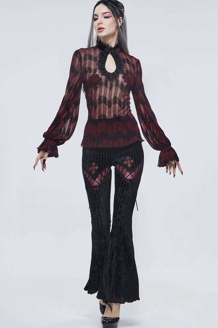 Black Gothic Striped Flocking V-Shaped Cross Lace Stitching Flared Women's Pants - Product - 7