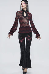 Black Gothic Striped Flocking V-Shaped Cross Lace Stitching Flared Women's Pants - Product - 7
