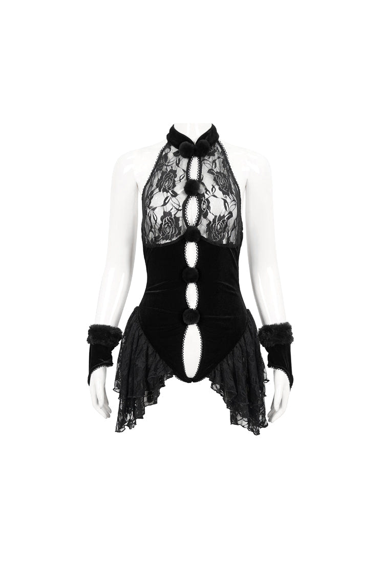 Black Sexy Crotchless Stretch Velvet Paneled Lace Pompoms Women's Punk Bodysuit - Product - 6