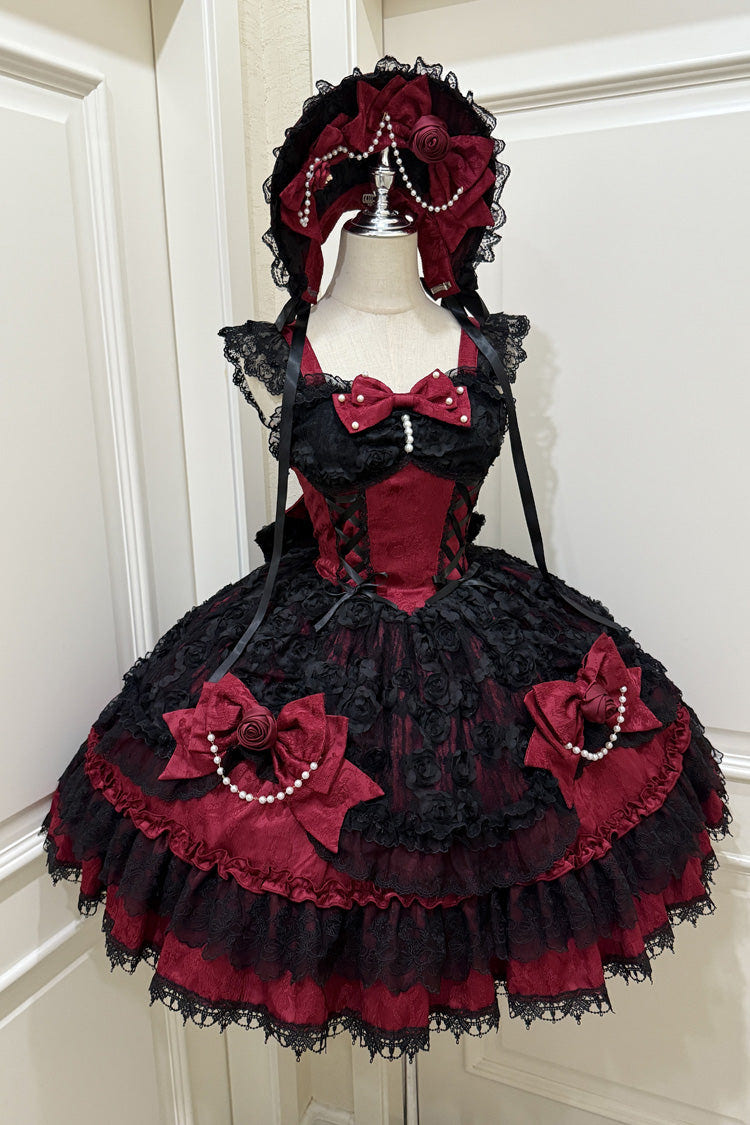 Black/Red [Rose Princess] Sleeveless Ruffle Bowknot Lace Lace-Up Gothic Ballet Lolita Jsk Dress - Product - 3