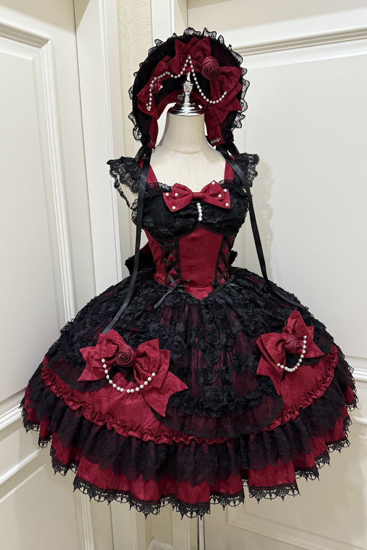 Black/Red [Rose Princess] Sleeveless Ruffle Bowknot Lace Lace-Up Gothic Ballet Lolita Jsk Dress - Product - 3