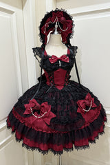 Black/Red [Rose Princess] Sleeveless Ruffle Bowknot Lace Lace-Up Gothic Ballet Lolita Jsk Dress - Product - 3
